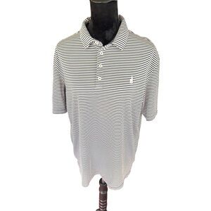 Johnnie-O Performance Polo Shirt Men’s Lg White/Navy Striped Poly Blend Surfing